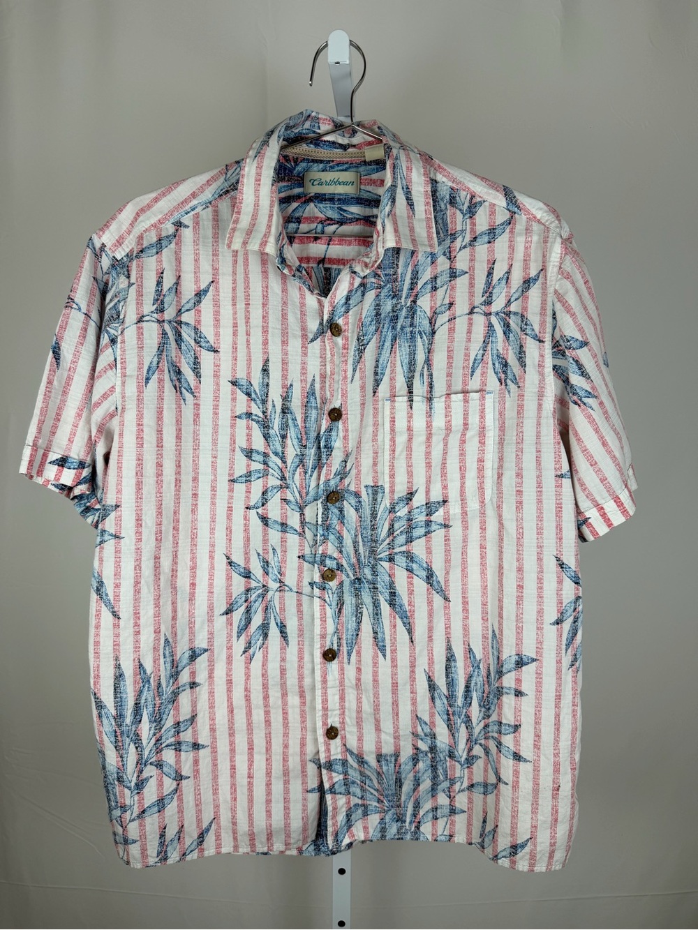 Caribbean Hawaiian Shirt L Pink Stripe Blue Palm Tropical 100% Cotton
